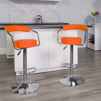 Flash Furniture Contemporary Orange Vinyl Adjustable Height Bar Stool with Arms and Chrome Base CH-TC3-1060-ORG-GG